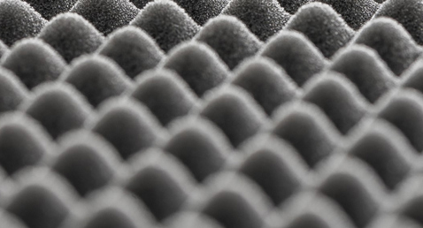 Nærbillede af et tekstureret, gråt æggebakke-skum mønster, der bruges til lydisolering.