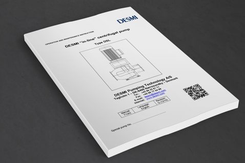 DESMI in-line centrifugalpumpe manual med teknisk illustration og kontaktinformation.