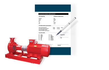 Rød DESMI centrifugalpumpe ved siden af en formular og en pen, til væskehåndteringstjenester.