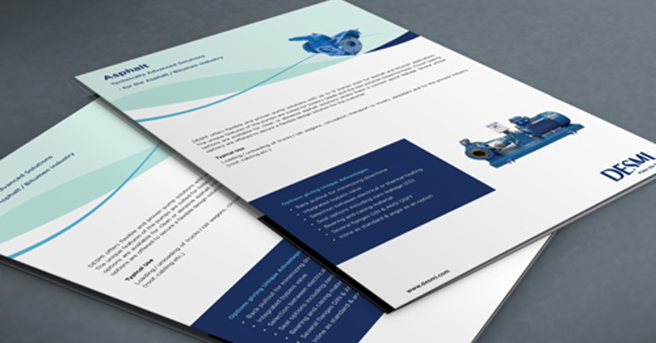 Brochurer med DESMI pumper til asfaltapplikationer, der beskriver avancerede løsninger og fordele.