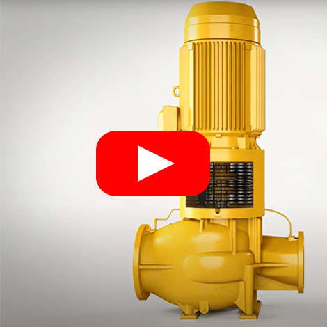 Gul DESMI vertikal centrifugalpumpe til væskehåndtering, med et afspilningsikon overlejret.