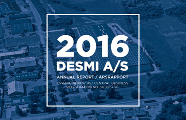 Forside af 2016 DESMI A/S årsrapport med luftfoto af faciliteterne.