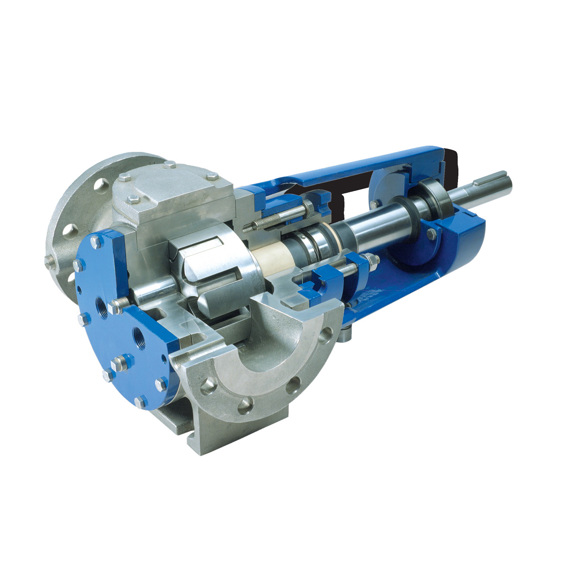 Gennemsnitlig visning af DESMI ROTAN tandhjulspumpe, der viser interne komponenter til væskehåndtering.