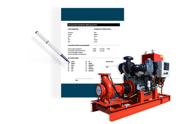 DESMI pumpsystem med et dokument og en pen til planlægning af service.