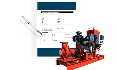 DESMI pumpsystem med et dokument og en pen til planlægning af service.
