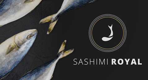 Tre fisk på mørk baggrund med "Sashimi Royal" logoet til højre.