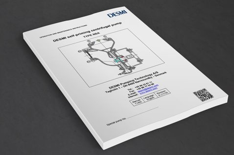 DESMI manual for selvansugende centrifugalpumpe, Type NSA, med teknisk diagram.