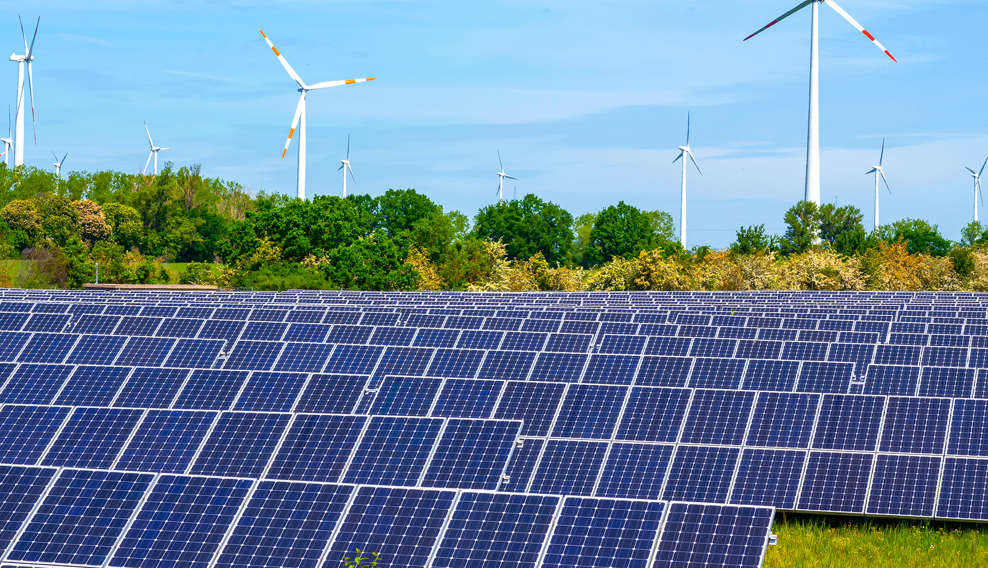 Solpaneler og vindmøller i et grønt landskab under en klar himmel.