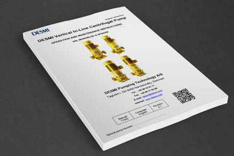 Manual for DESMI Vertical In-Line Centrifugal Pump med billeder og kontaktinformation.