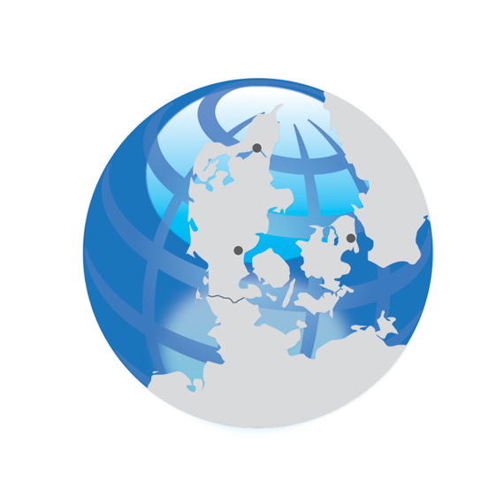 Illustreret globus, der fremhæver Europa med et farveskema i blå og grå.