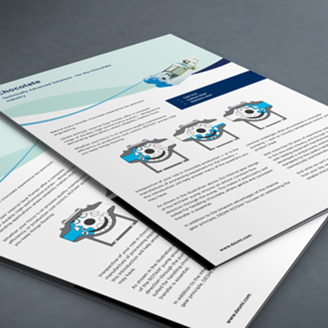 Brochurer med DESMI industrielle løsninger til chokoladeindustrien med billeder og diagrammer.