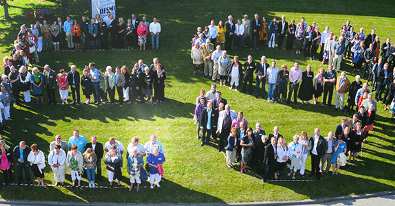 Personer står i formation og staver "DESMI" på en græsmark.