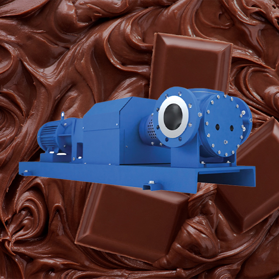 Blå industriel pumpe på en baggrund af chokoladebarer og hvirvler.