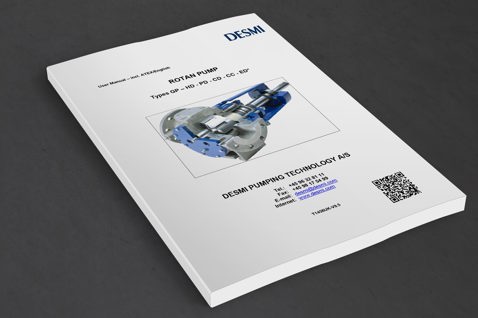 DESMI ROTAN pumpe brugermanual, med billede af pumpen og kontaktinformation.