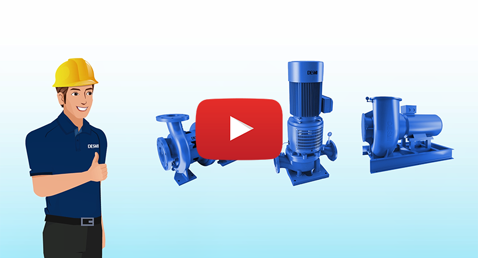 Illustration af DESMI-pumper med en person, der giver en tommelfinger op og en afspilningsknap.