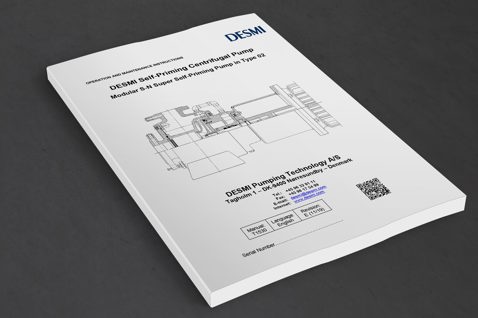 DESMI selvansugende centrifugalpumpe manual, med teknisk tegning og kontaktoplysninger.