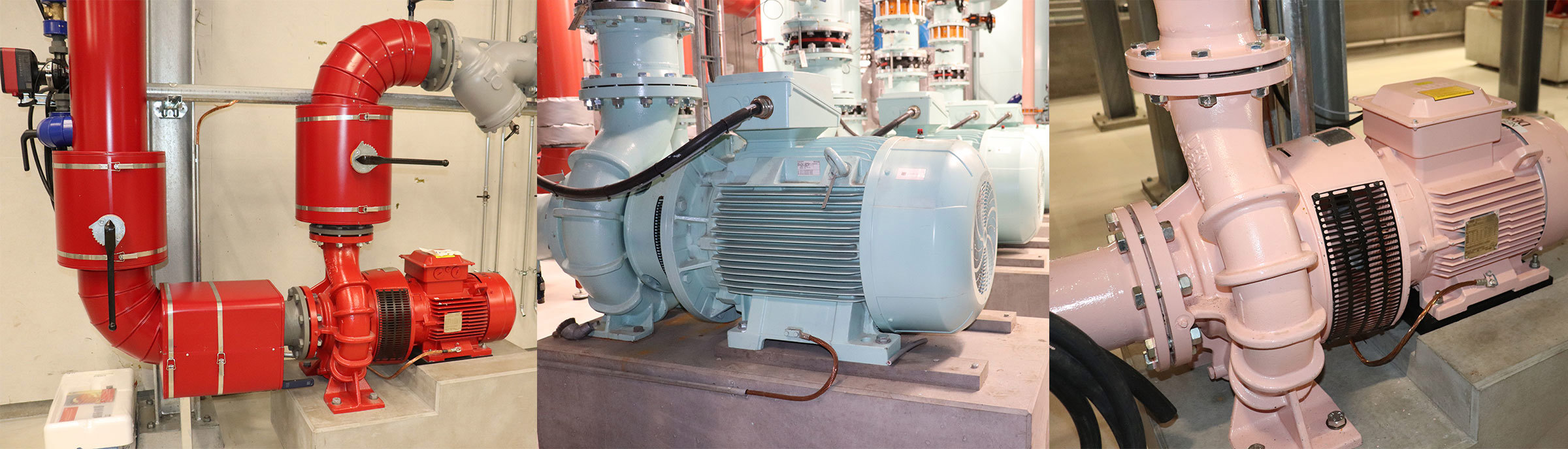 Røde og blå industrielle pumper, inklusive DESMI, i et anlægsmiljø.