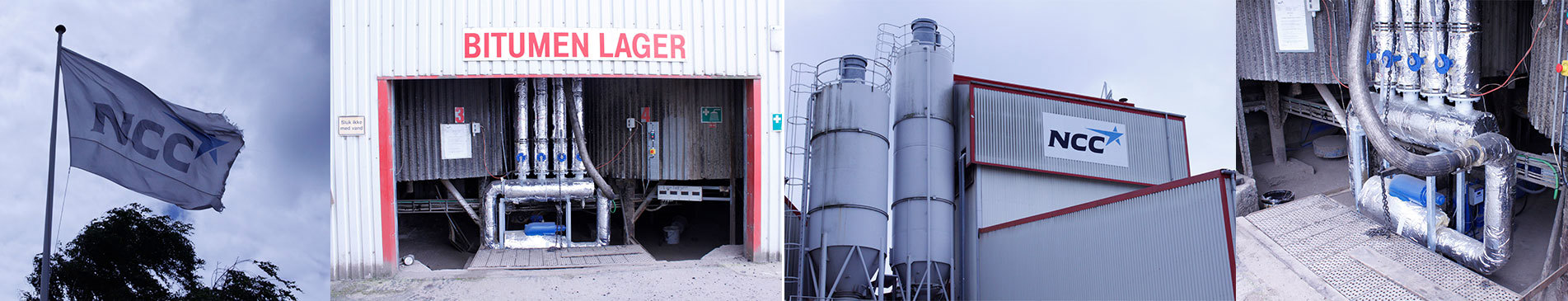 Industriel anlæg med NCC-flag, bitumenlager og store siloer.