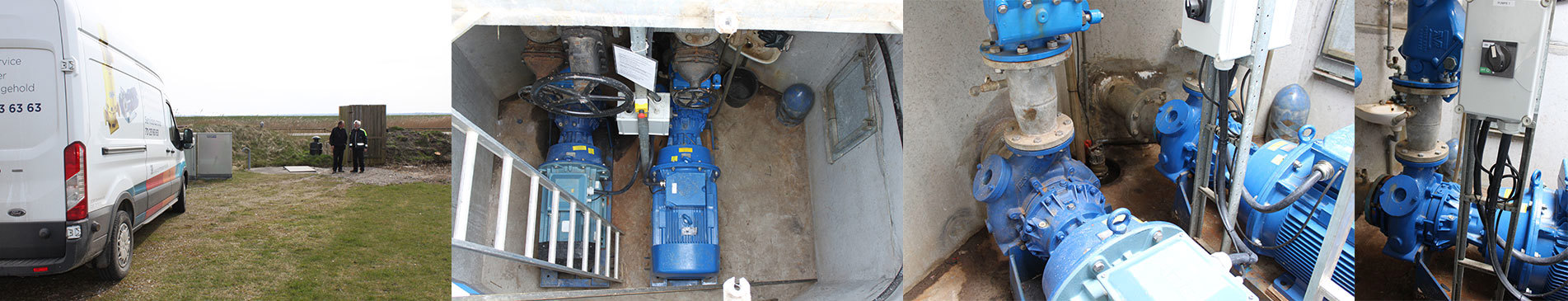 DESMI servicevogn ved siden af industrielle pumper til væskehåndtering i landlige omgivelser.