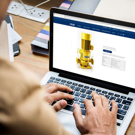 Person ser på detaljer om DESMI vertikal centrifugalpumpe på en laptops skærm.