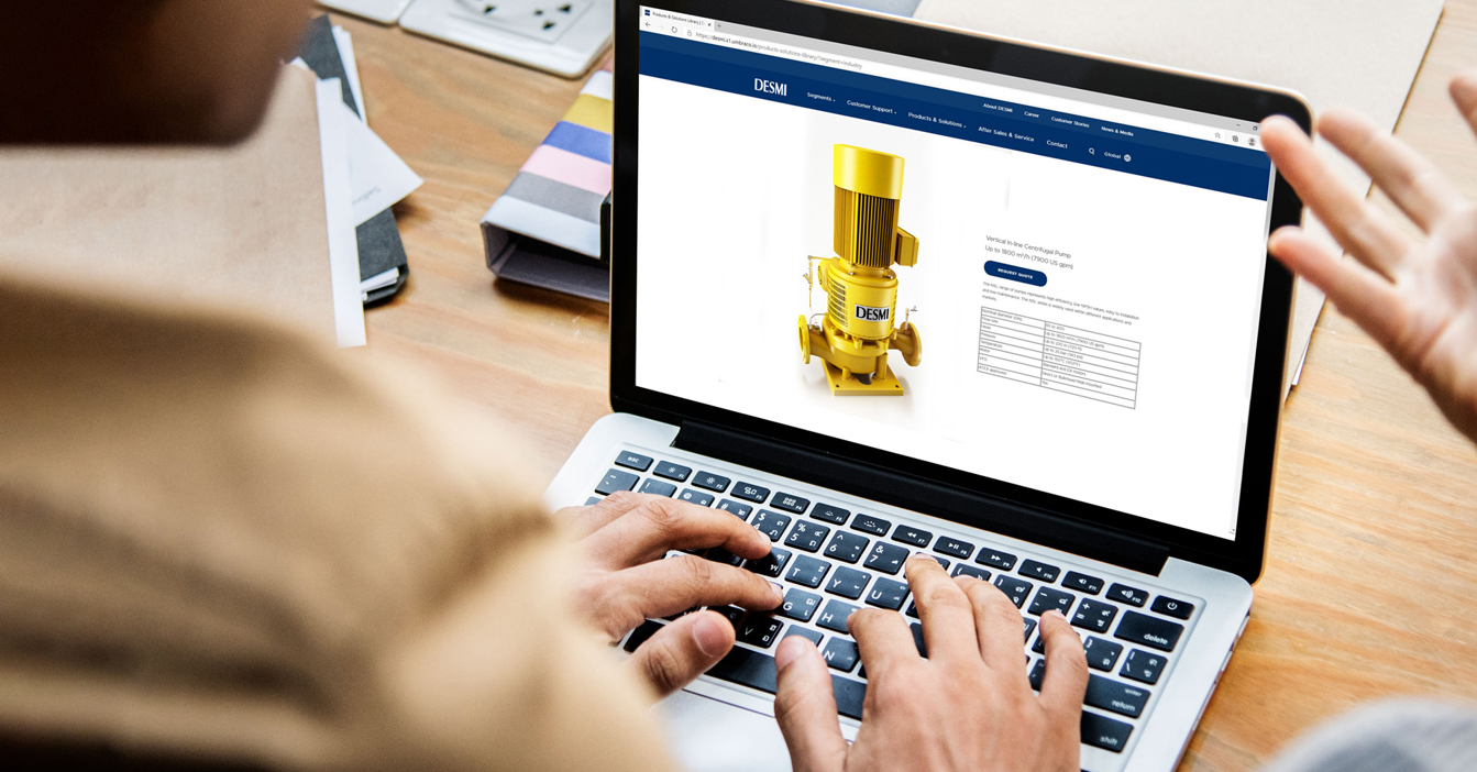 Person ser på detaljer om DESMI vertikal centrifugalpumpe på en laptops skærm.