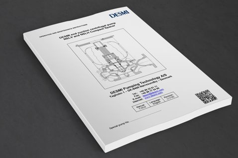 DESMI manual for NSLV og NSLH centrifugalpumper med diagram og kontaktinformation.