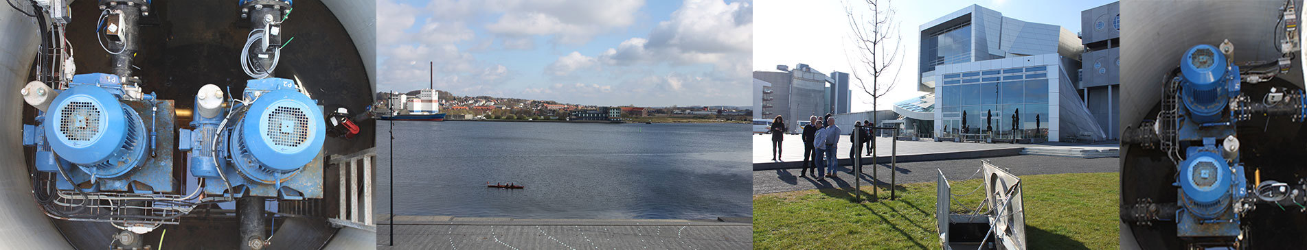 DESMI pumper til væskehåndtering, naturskøn havnefront og moderne arkitektur med mennesker udenfor.