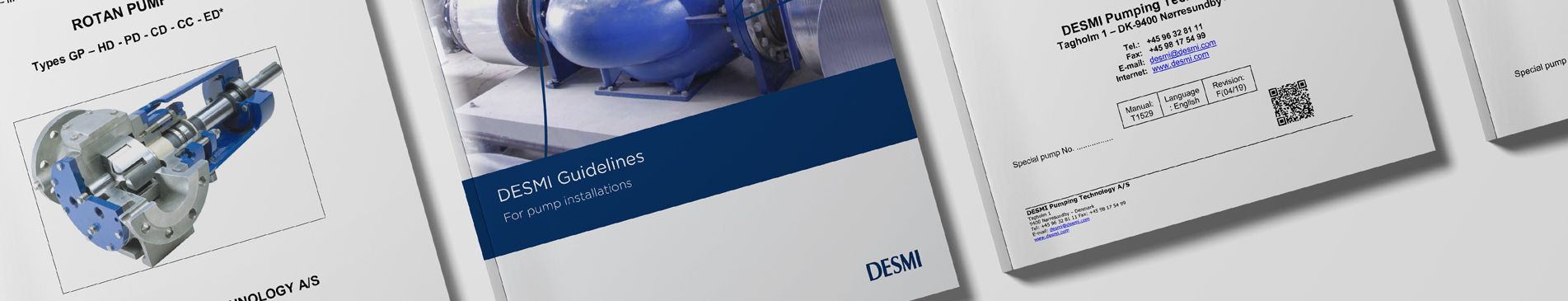 DESMI brochurer med pumpe modeller og installationsvejledninger til væskehåndtering.