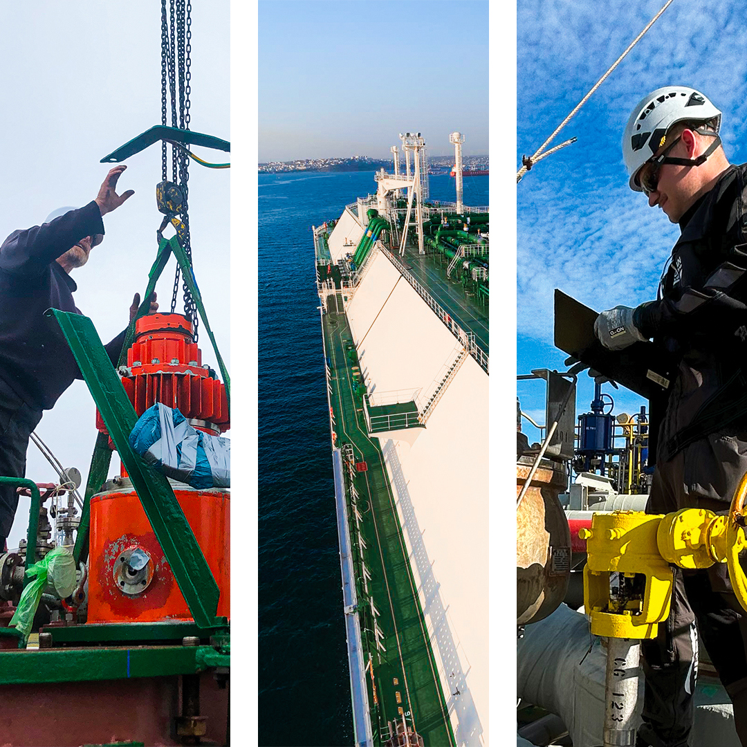 Arbejdere håndterer udstyr og operationer på et stort industrielt skib til havs.