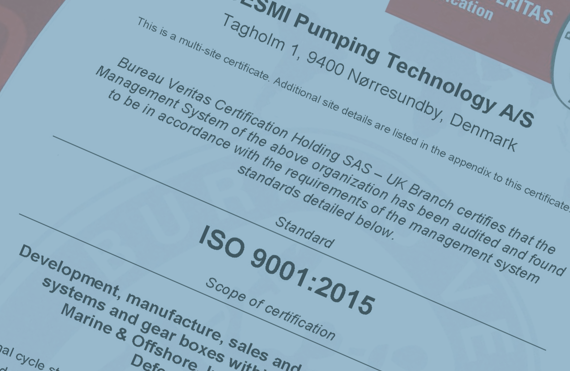 DESMI Pumping Technology ISO 9001:2015 certificering fra Bureau Veritas, Danmark lokation.
