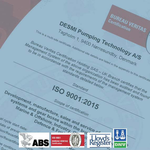 DESMI Pumping Technology ISO 9001:2015 certificering fra Bureau Veritas, Danmark lokation.