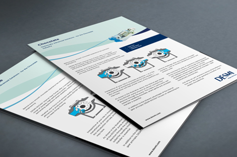 Brochurer med DESMI-produkter og diagrammer for løsninger til håndtering af væsker.